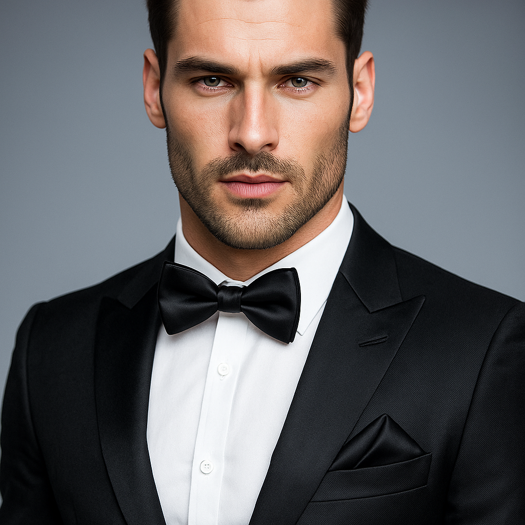 Man wearing a black tuxedo with a bow tie against a gray background