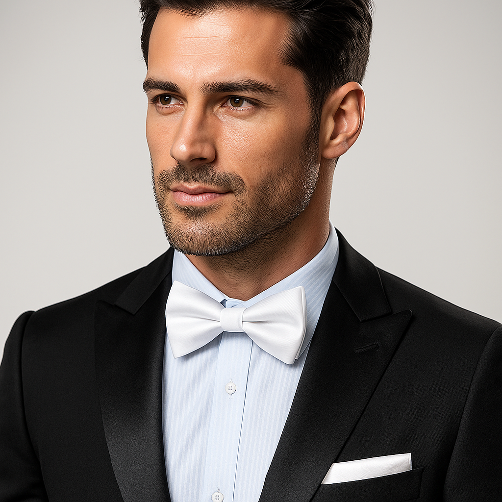 Man wearing a black tuxedo with a white bow tie against a gray background