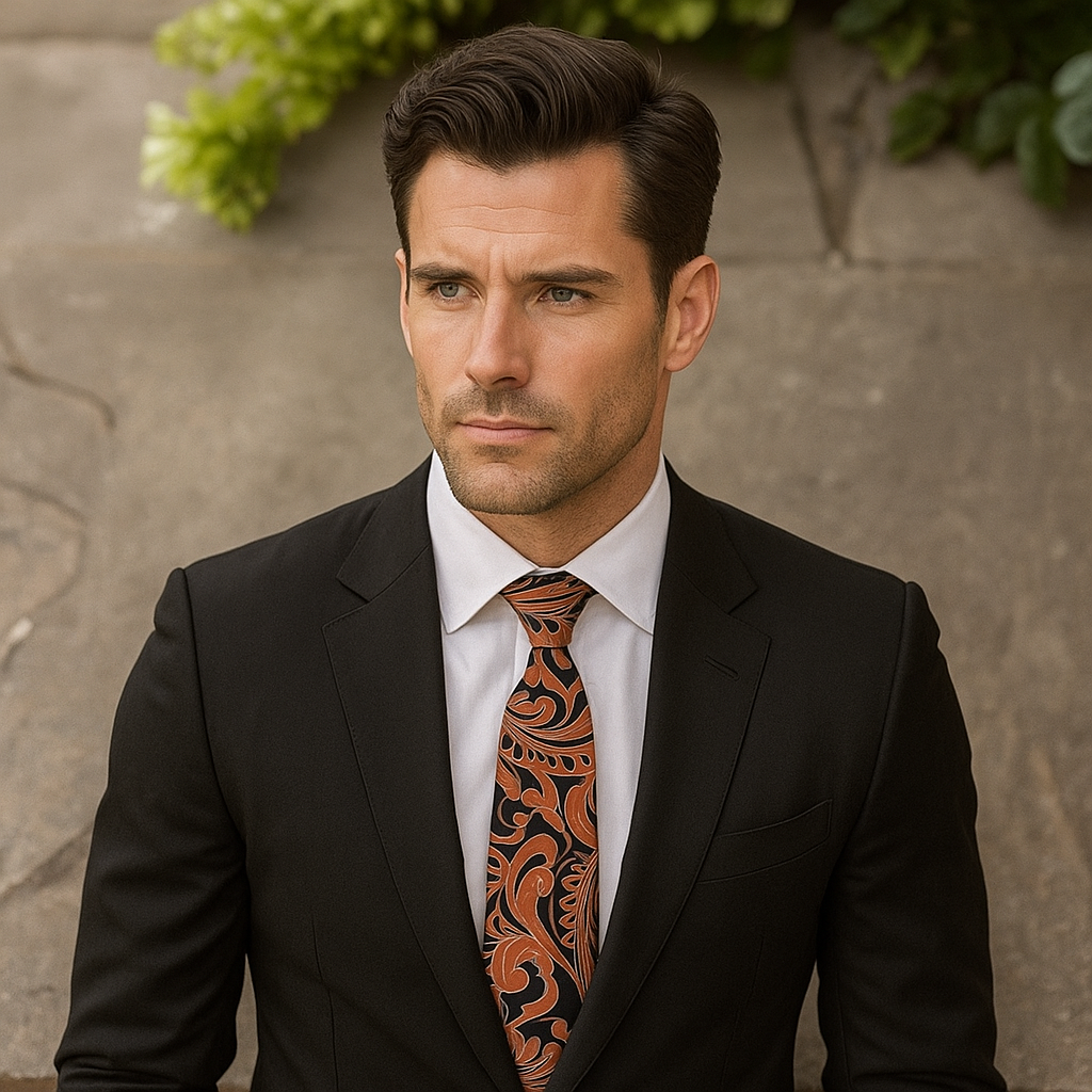 Man wearing a black suit with an orange tie against a stone wall background