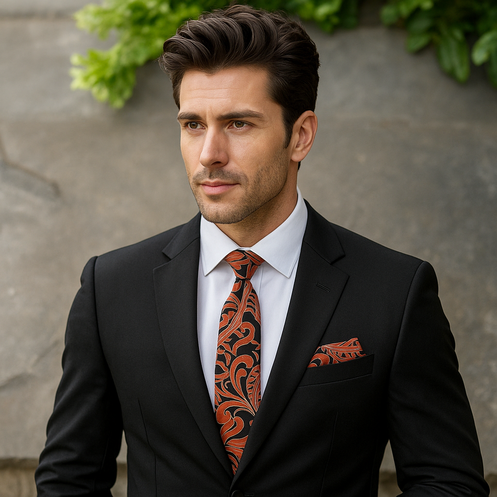 Man wearing a black suit with an orange patterned tie and pocket square against a stone wall.