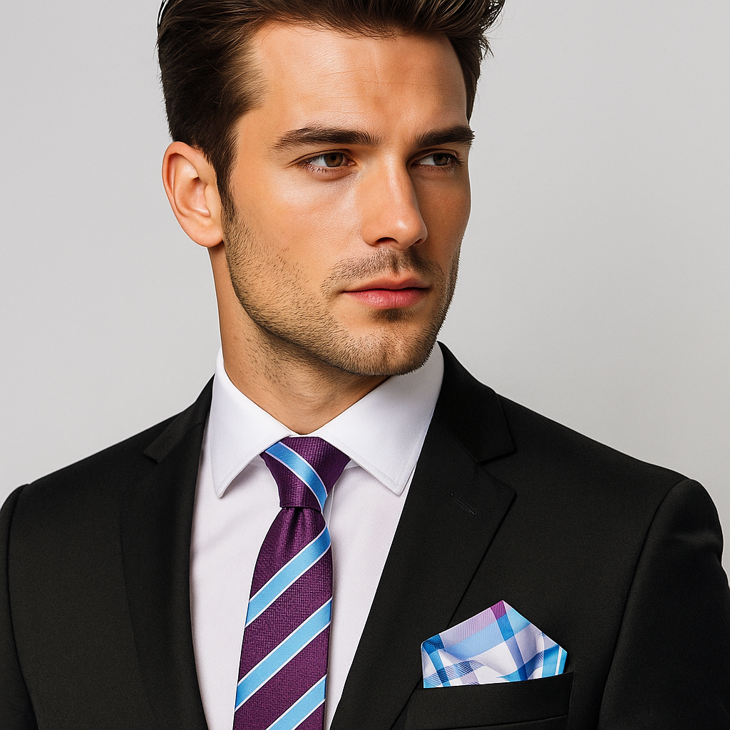 Man wearing a black suit with a purple and blue striped tie and matching pocket square on a gray background