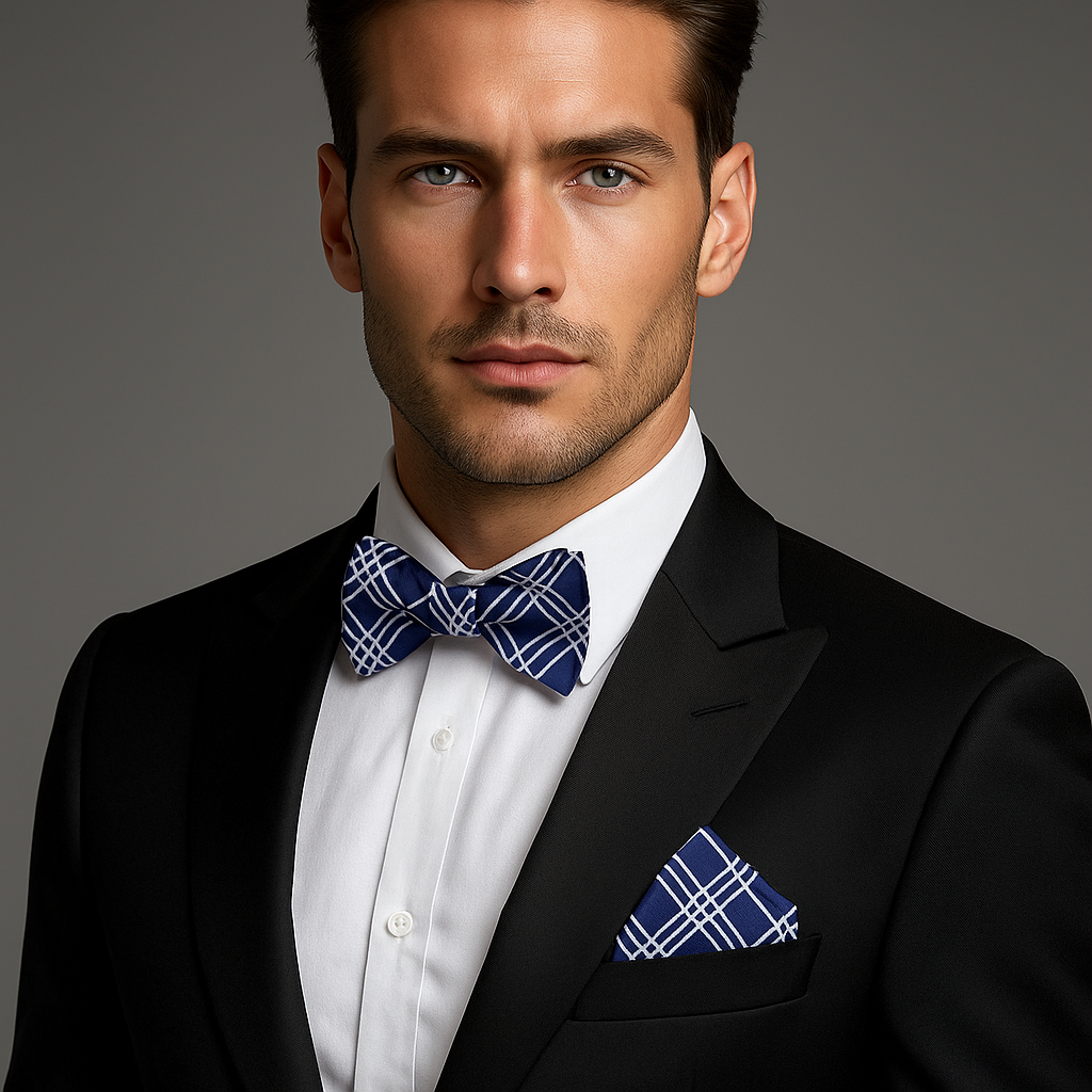 Man wearing a black suit with a white shirt and blue bow tie and pocket square on a gray background