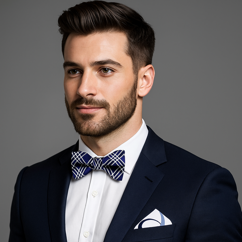 Man wearing a navy suit with a blue plaid bow tie on a gray background