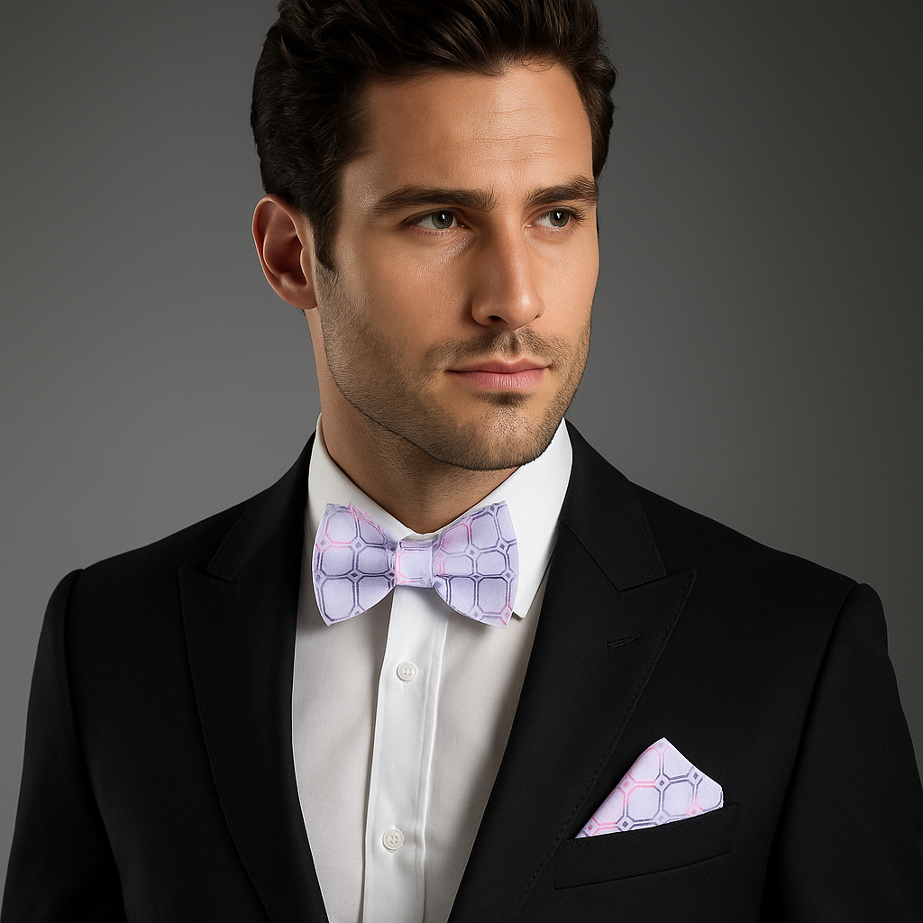 Man wearing a black suit with a white shirt and patterned bow tie and pocket square on a gray background