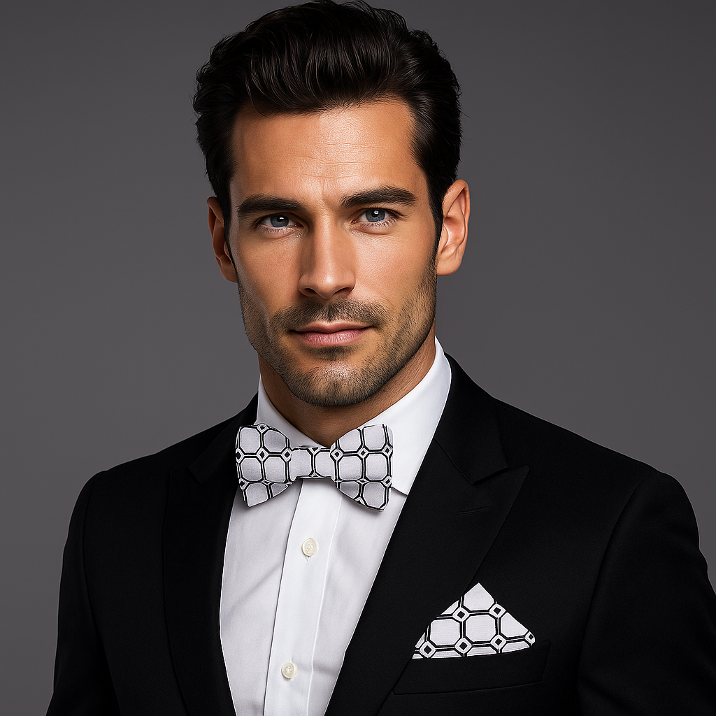 Man wearing a black suit with a geometric bow tie and pocket square on a gray background