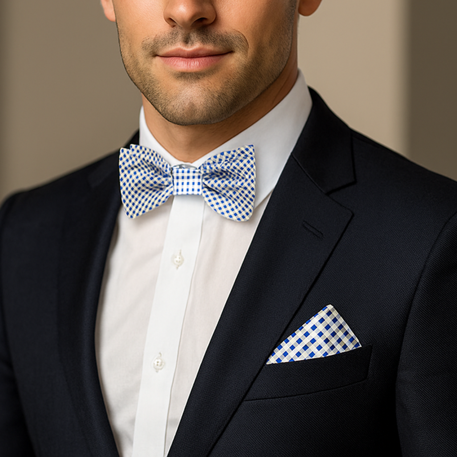 Man wearing a black suit with a blue and white checkered bow tie and pocket square.