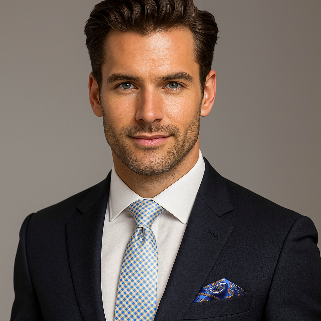 Man wearing light yellow and blue check tie and accenting square