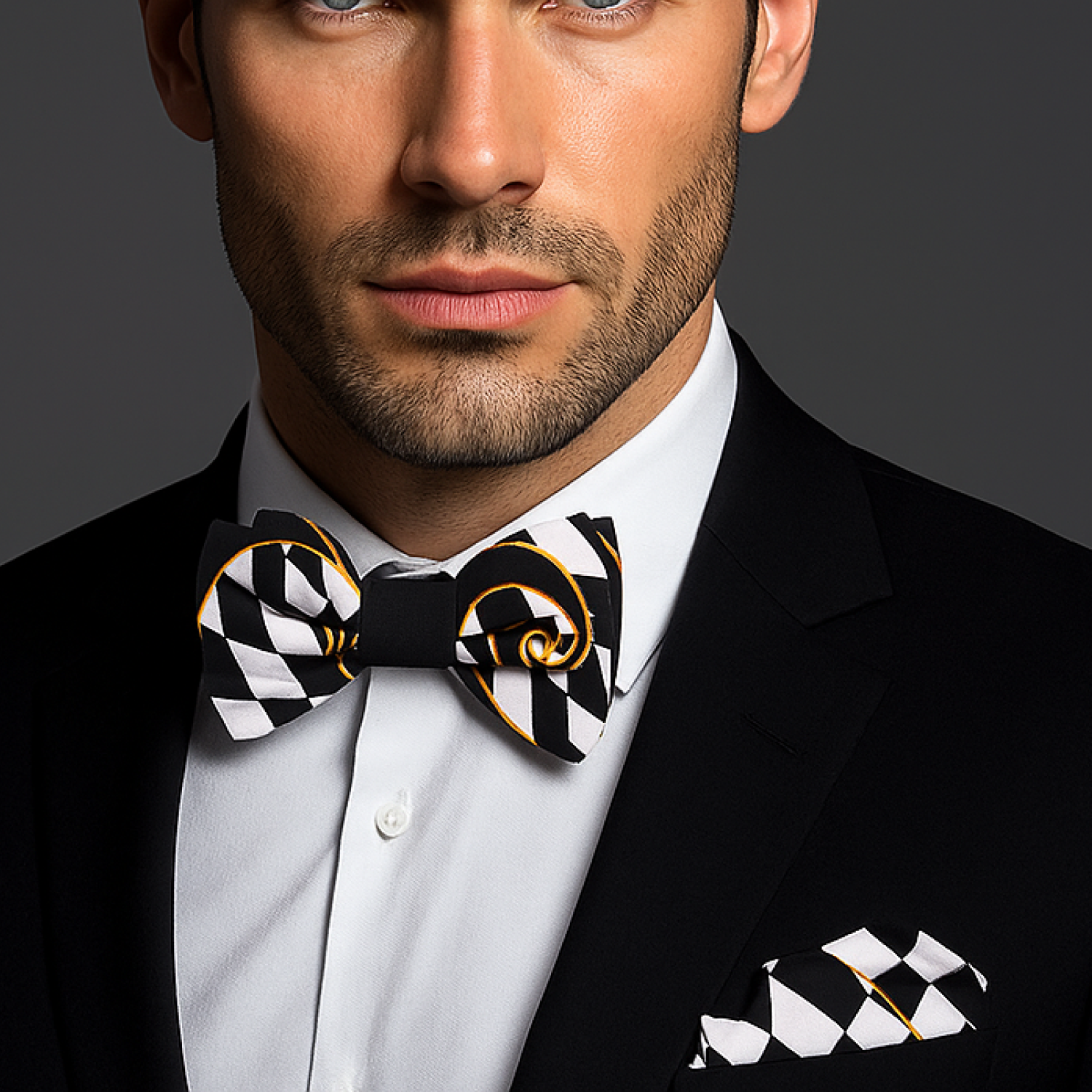 Man wearing a black and white checkered bow tie with gold accents on a dark background
