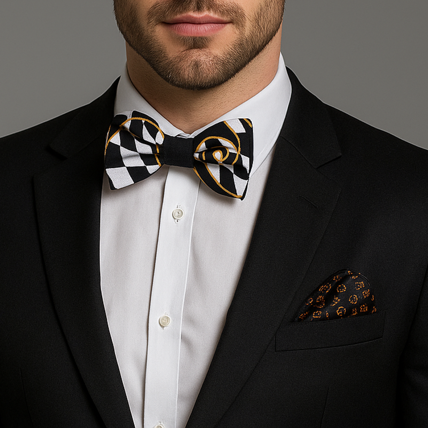 Checkered Bow Tie – Black & Gold Paisley Design Bow Tie & Matching Square / Pre-Tie