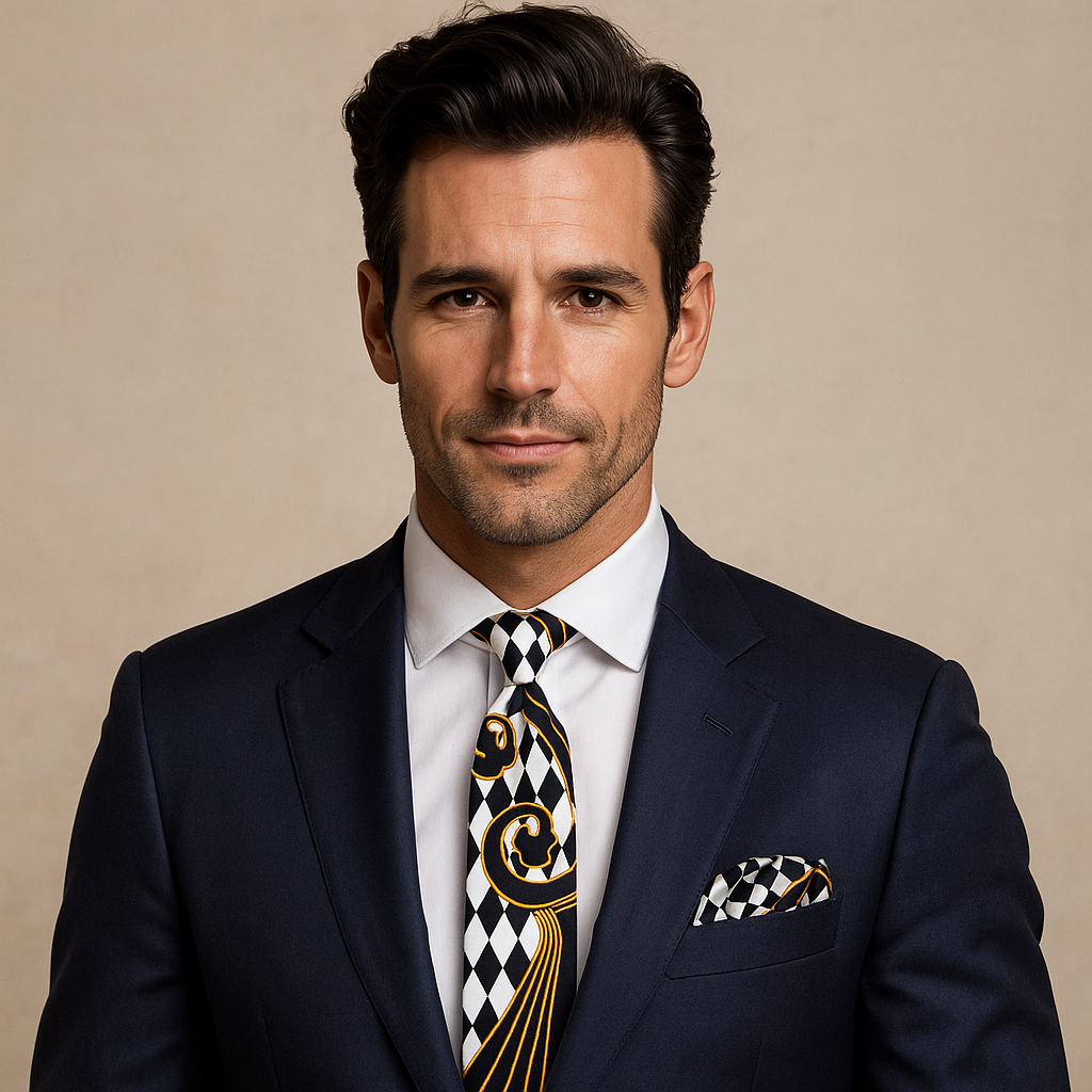 Man wearing a navy suit with a patterned tie and pocket square on a beige background