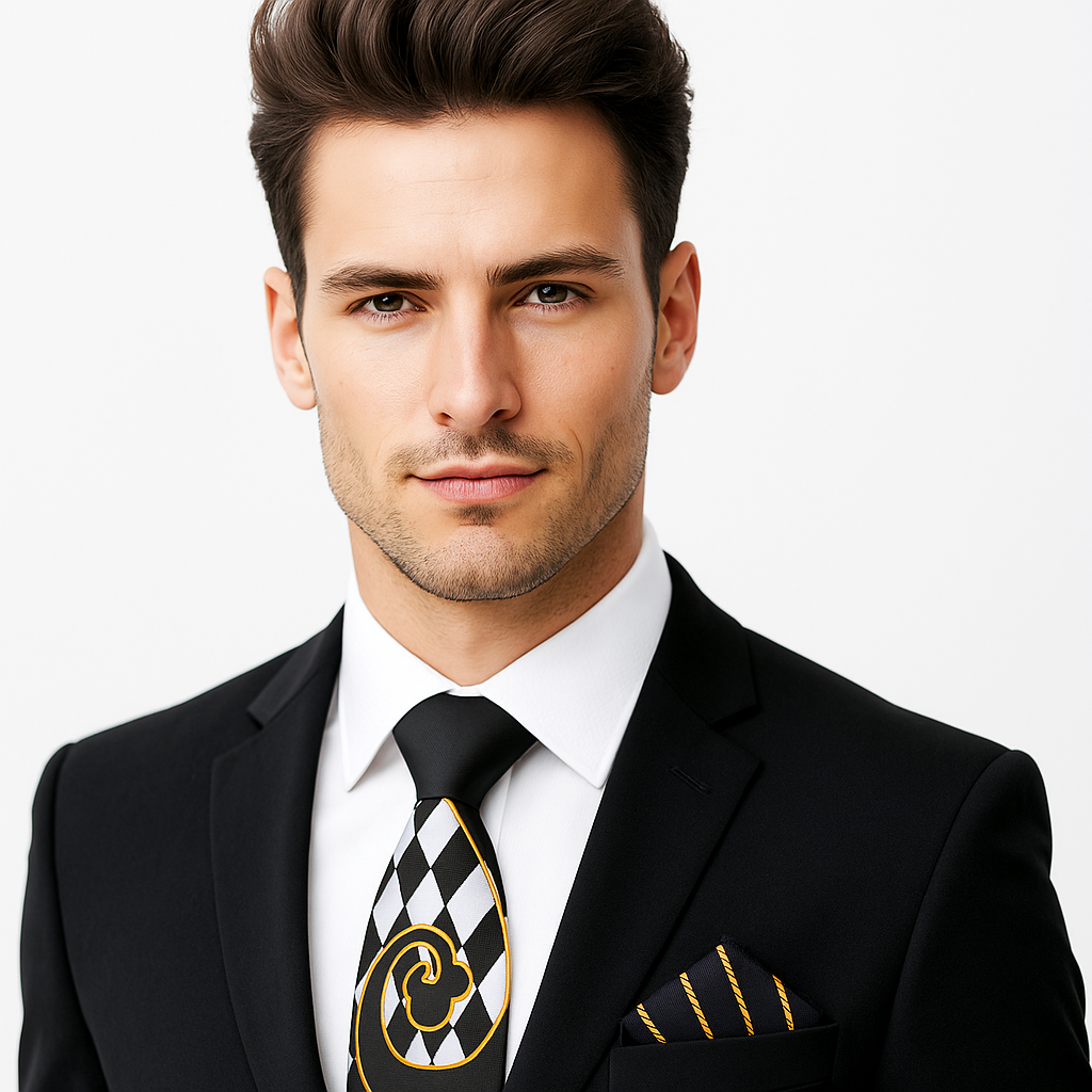 Man wearing a black suit with a white shirt and a black tie featuring a checkered pattern and a logo.