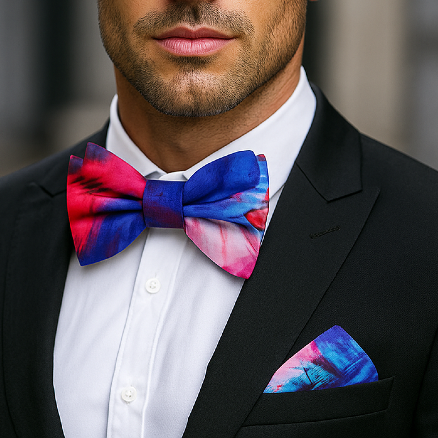 Man wearing a black suit with a colorful pink, blue abstract bow tie and pocket square.
