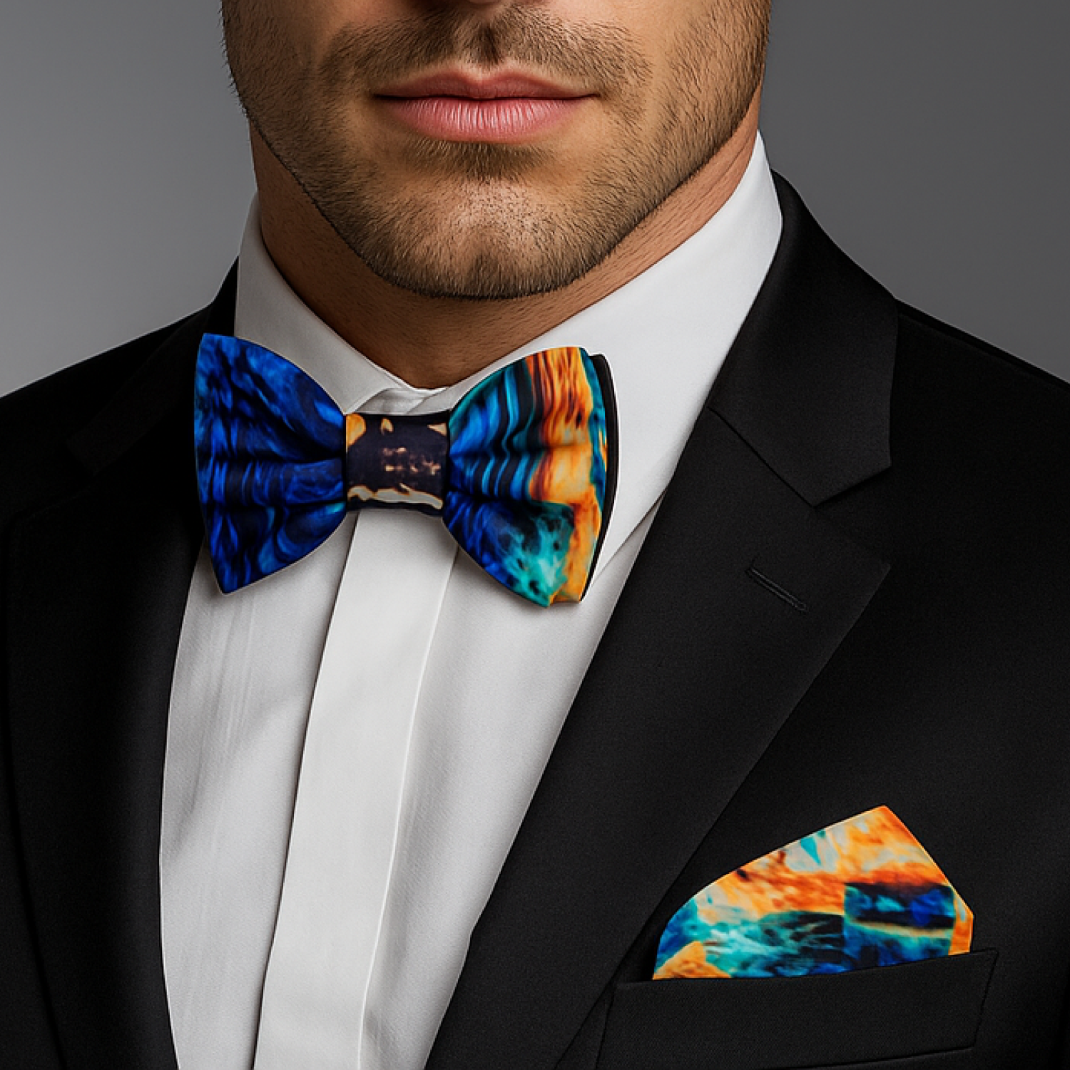 Man wearing a black suit with a colorful bow tie and pocket square against a gray background