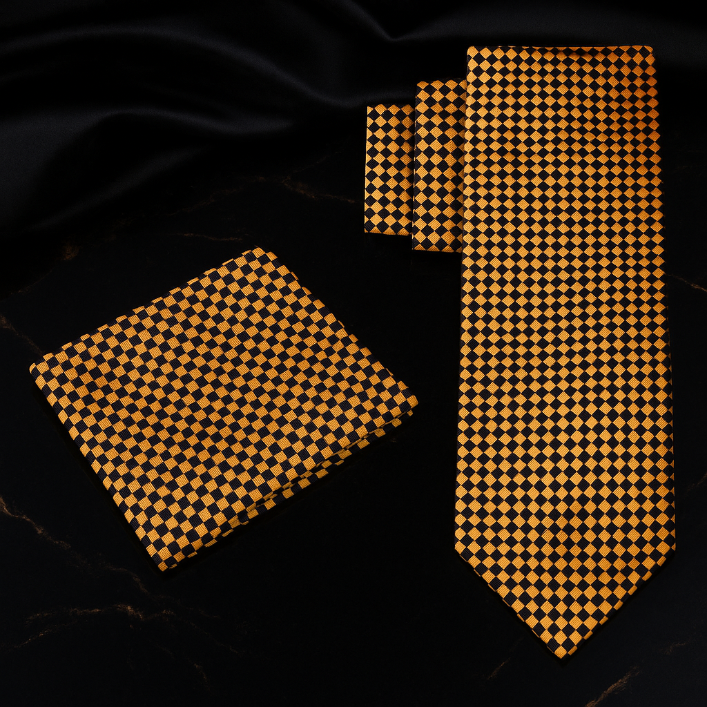 Alt View: Gold & Black Small Diamonds Necktie and Matching Pocket Square
