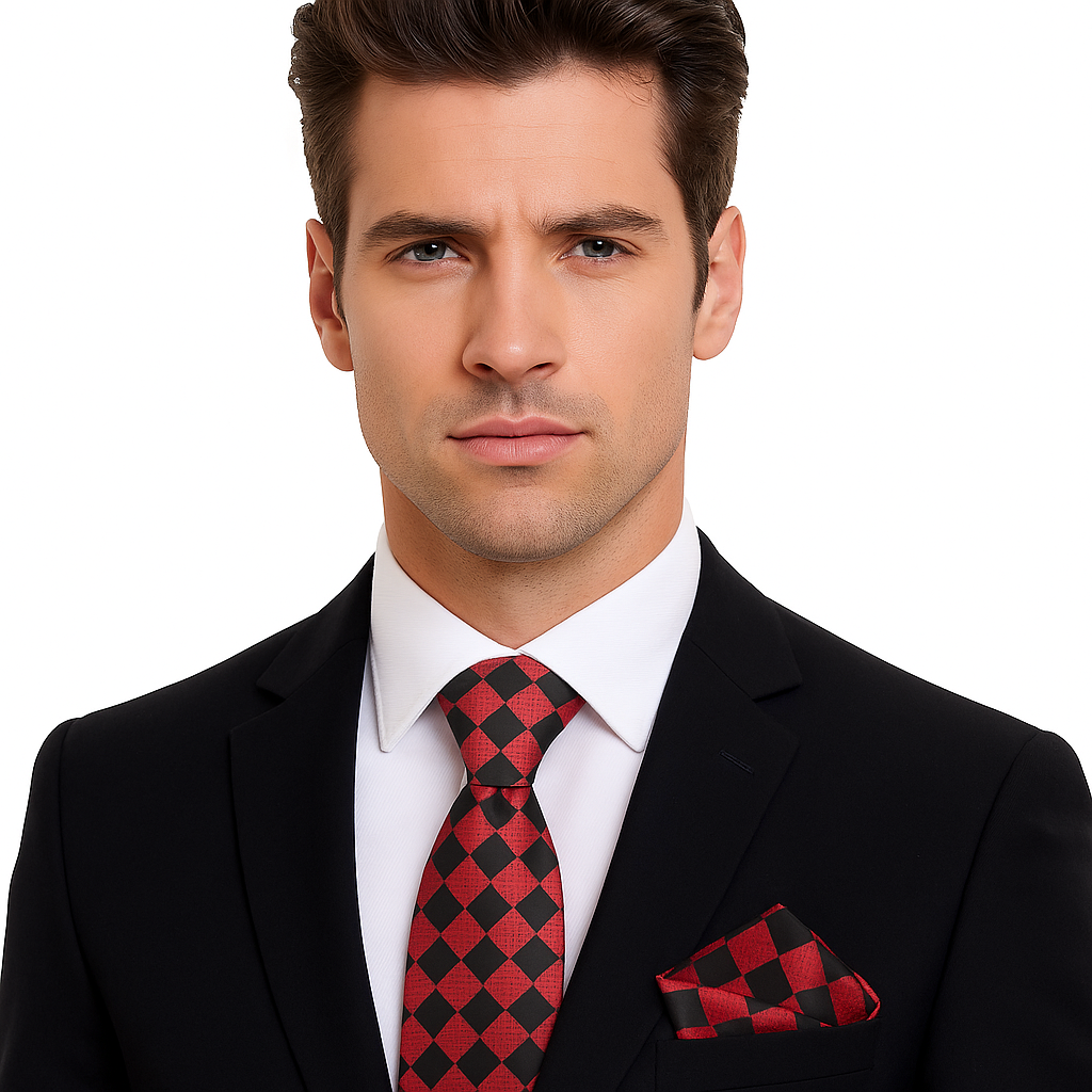 Man wearing a black suit with a red and black checkered tie and pocket square on a white background