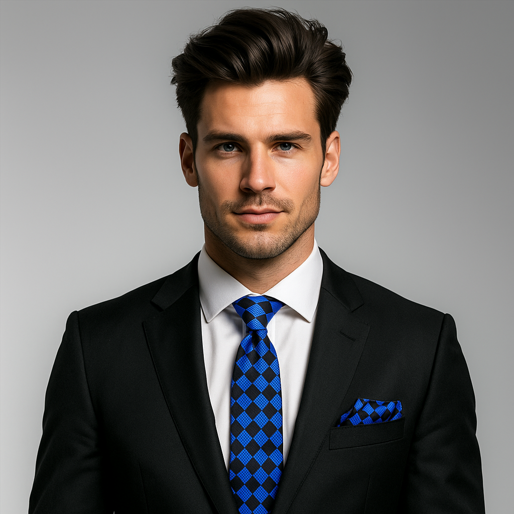 Man wearing a black suit with a blue checkered tie and pocket square on a gray background