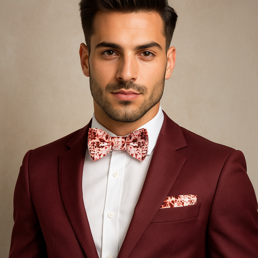 Man wearing a burgundy suit with a patterned bow tie and pocket square on a beige background