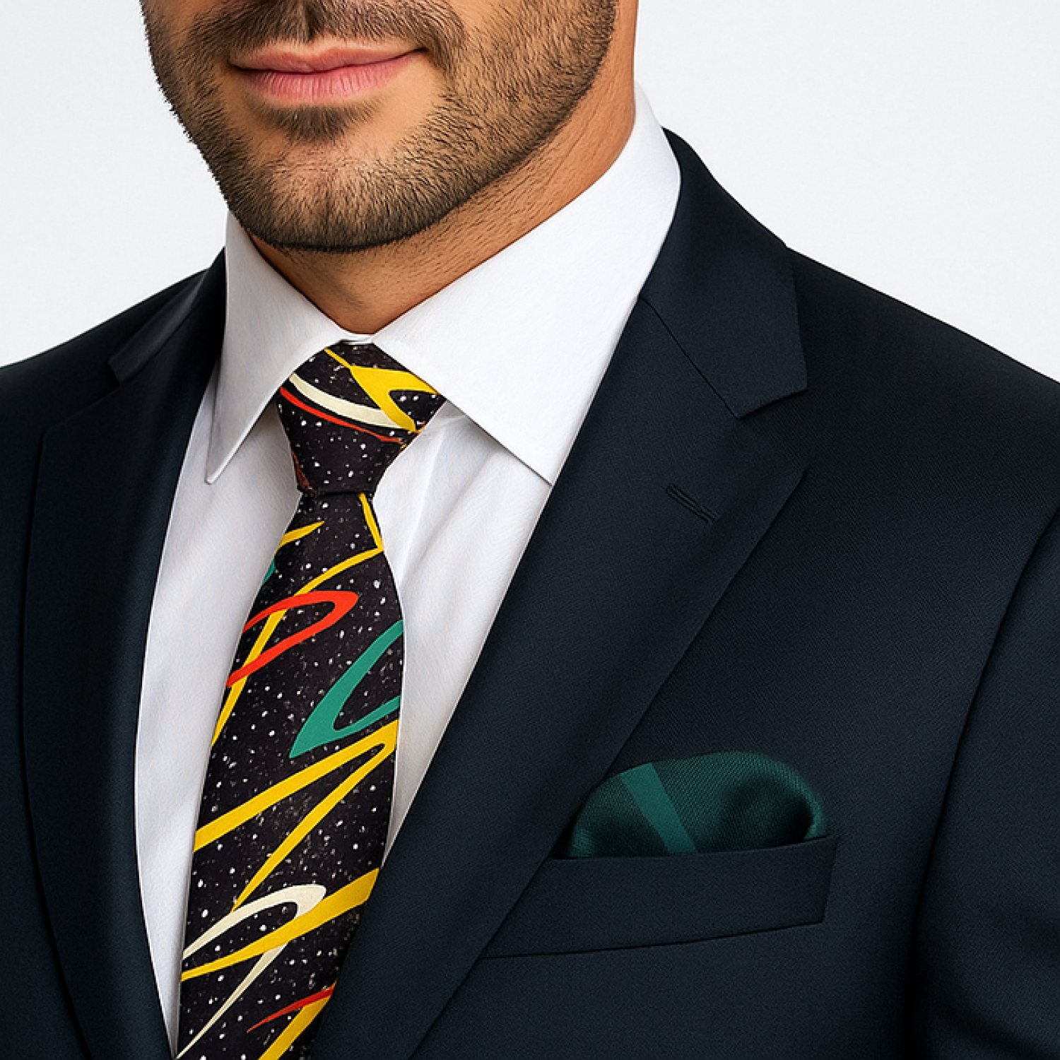 Man wearing a dark suit with a colorful tie and green pocket square on a white background