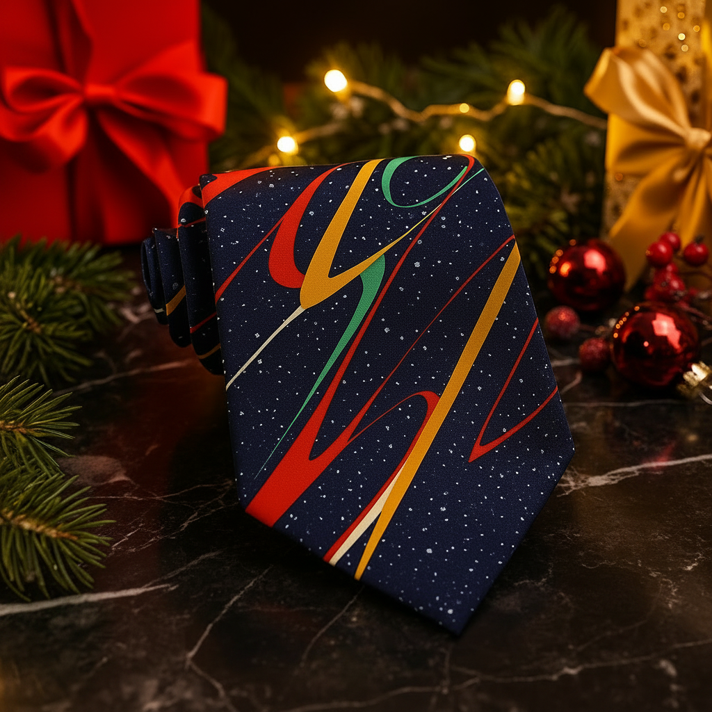 Colorful tie with abstract design on a dark background with Christmas decorations.