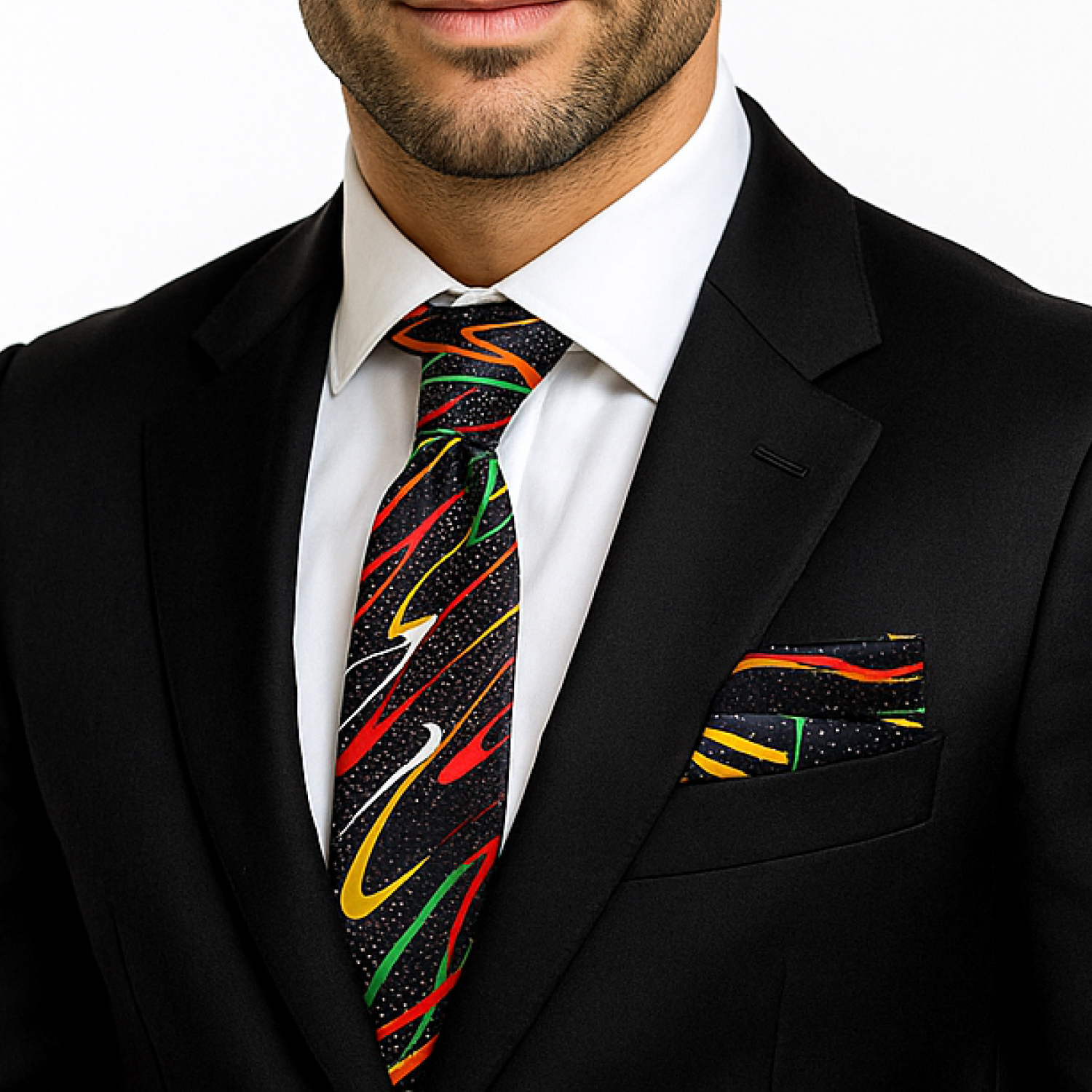 Man wearing a black suit with a colorful tie and pocket square on a white background