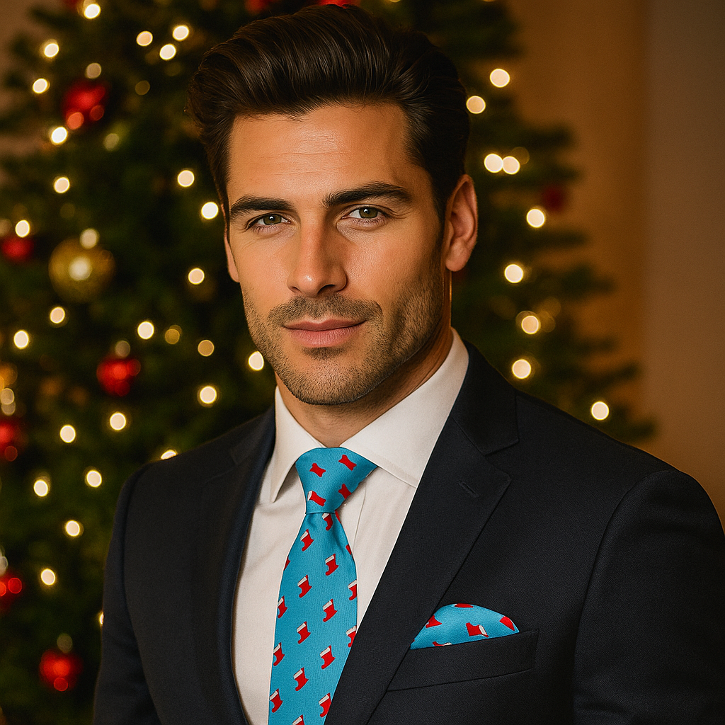 Man in Christmas setting wearing blue with red stockings tie and square