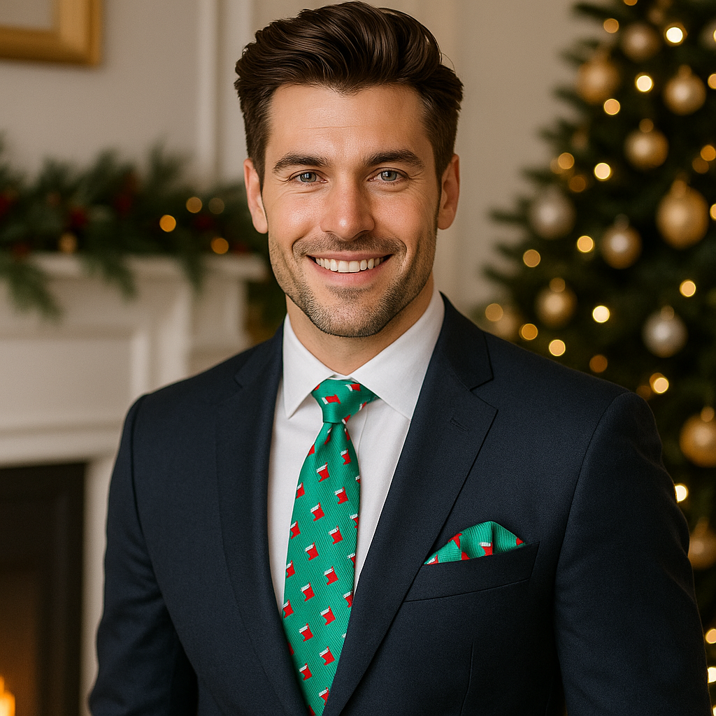 Man wearing Green Red Stocking Necktie and Square