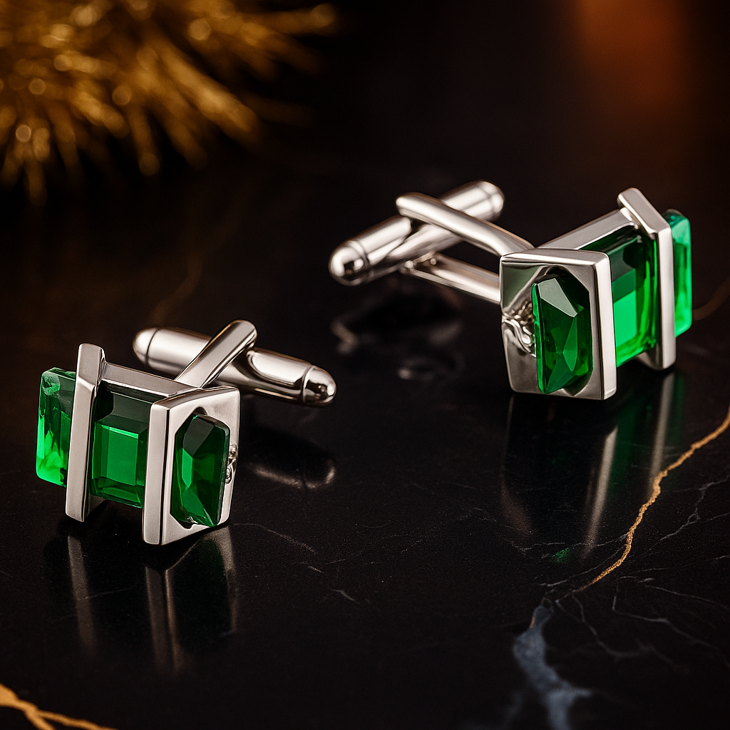 Green gemstone cufflinks on a reflective surface with a blurred background