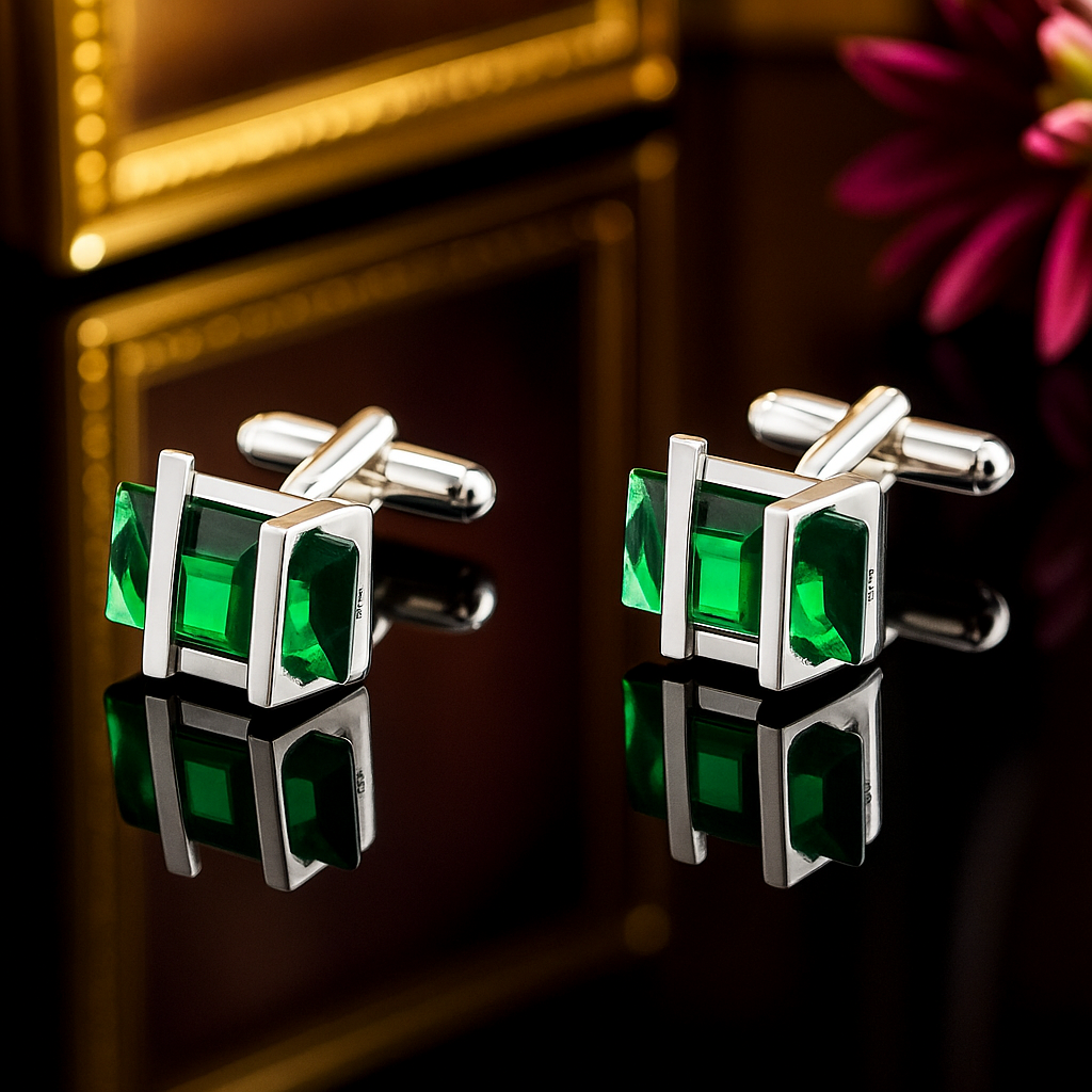 Green gemstone cufflinks with silver frame on a reflective surface