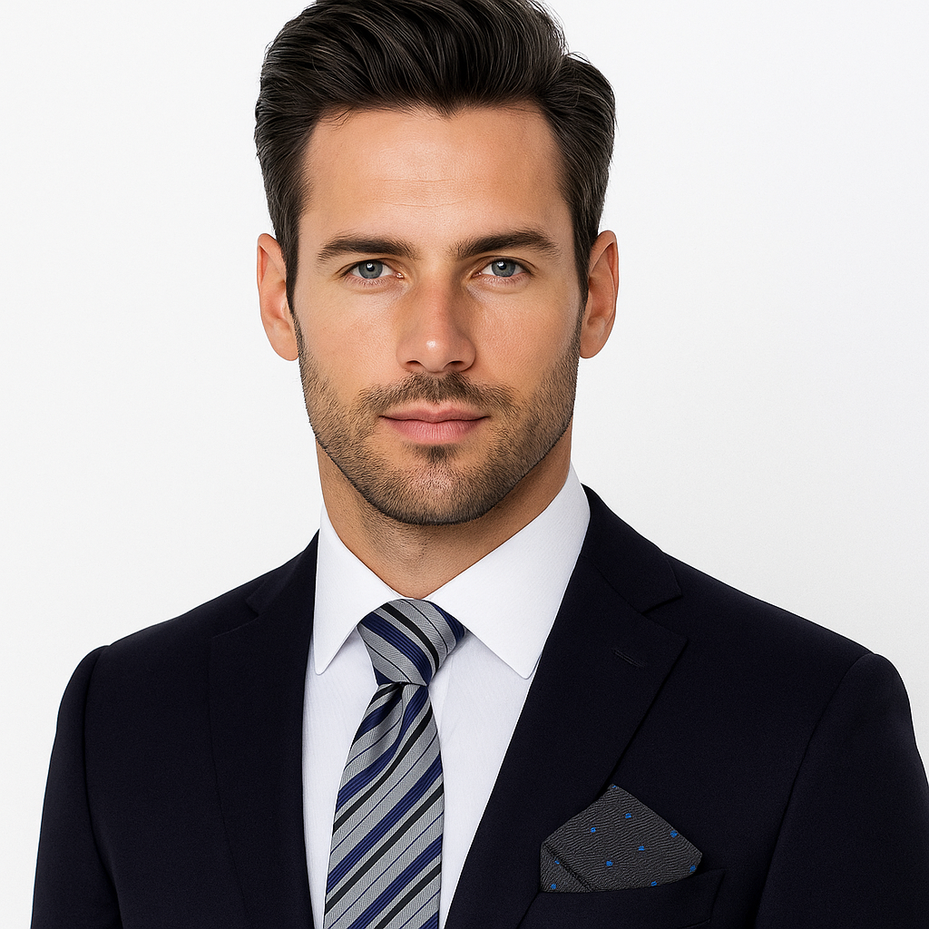 Man wearing a dark suit with a striped tie on a light gray background