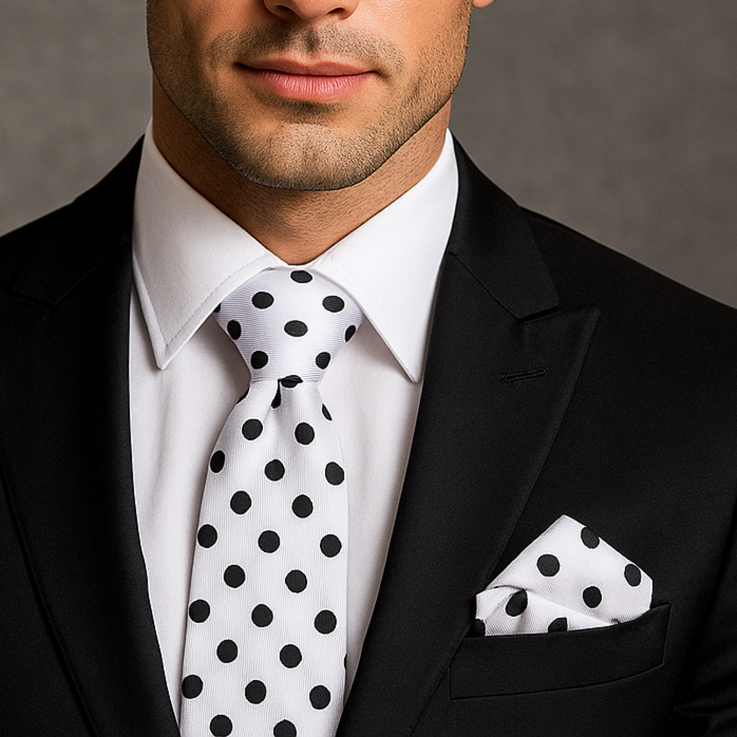 Man wearing a black suit with a white shirt, polka dot tie, and matching pocket square.