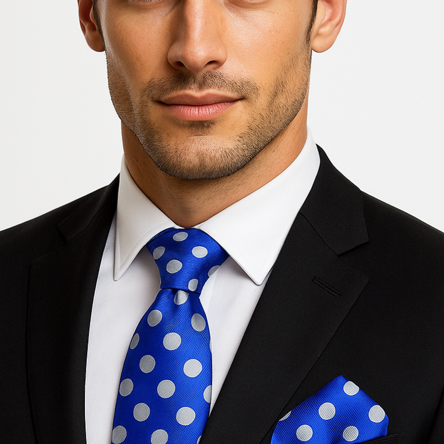 Man wearing a black suit with a blue tie and pocket square featuring white polka dots.