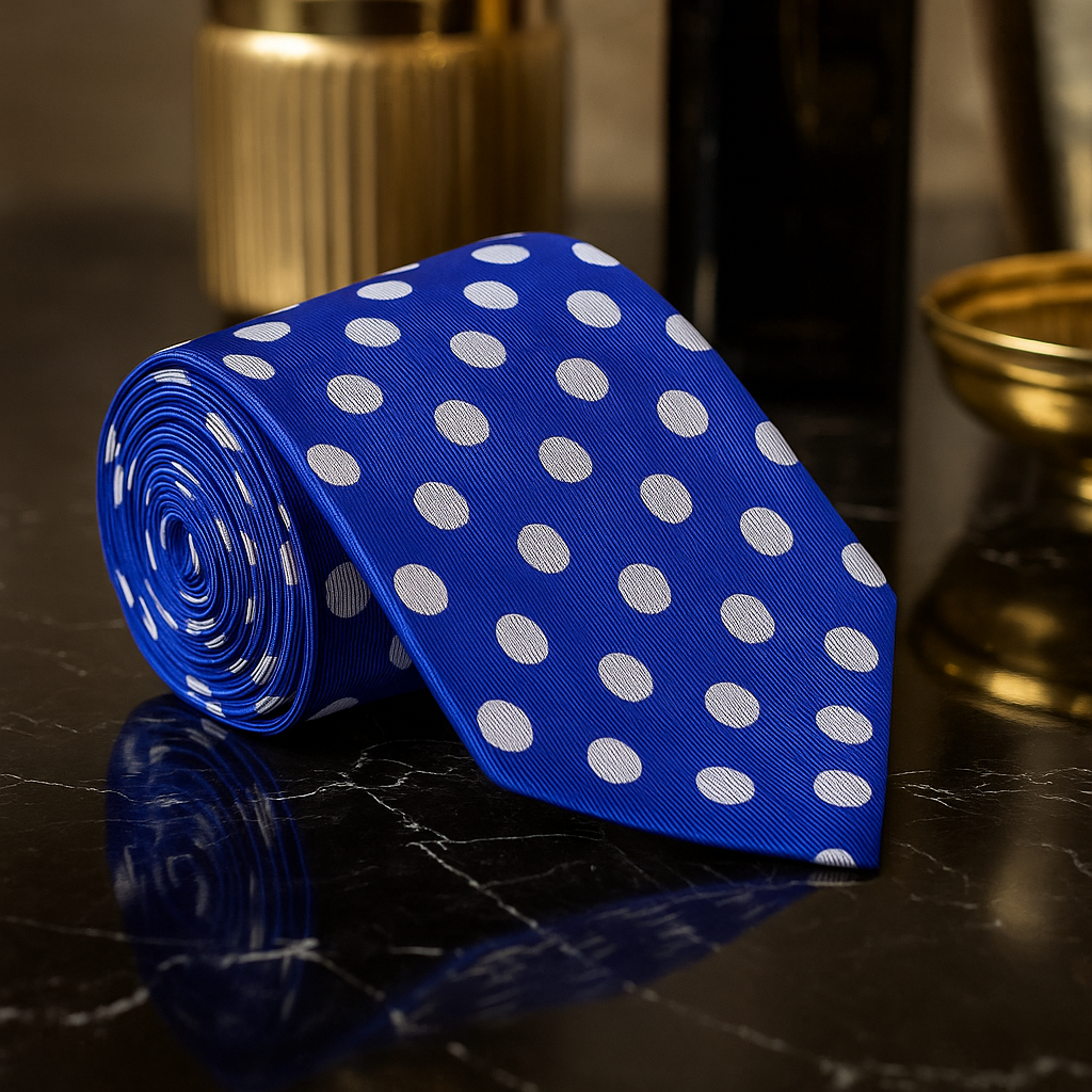 Blue tie with white polka dots on a reflective surface