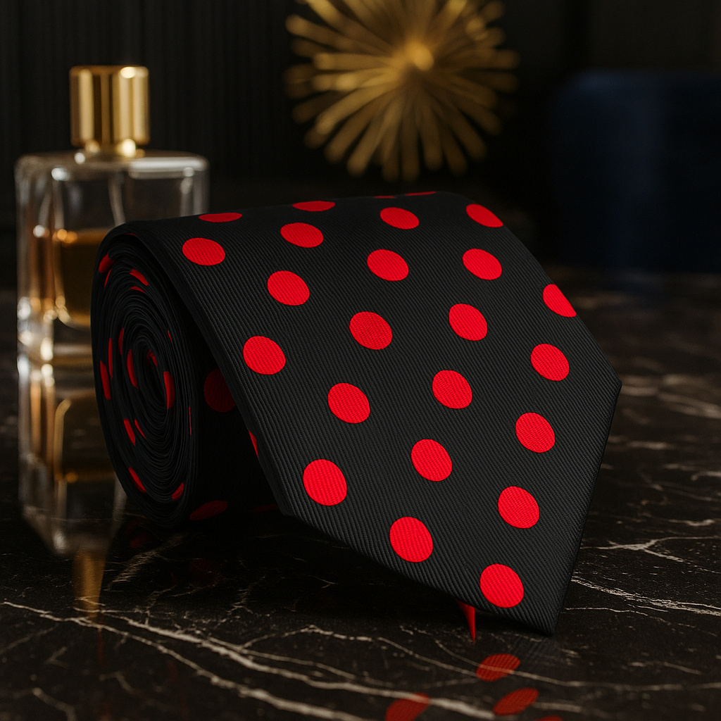 Black tie with red polka dots on a dark surface next to a perfume bottle.