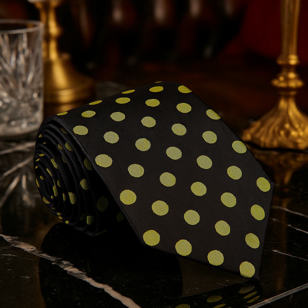 Black tie with yellow polka dots on a dark surface