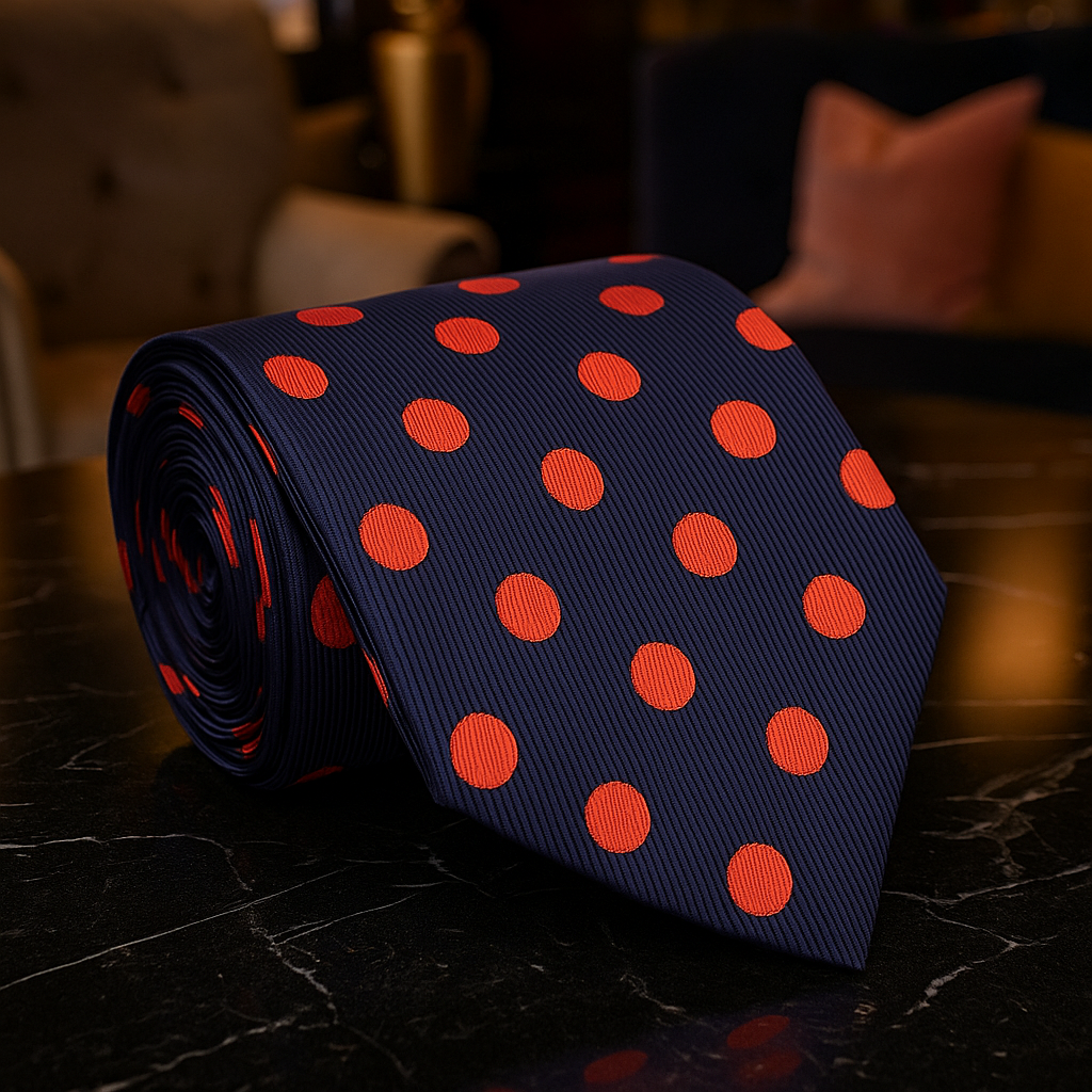 A Blue, Orange Polka Dot Pattern Necktie 