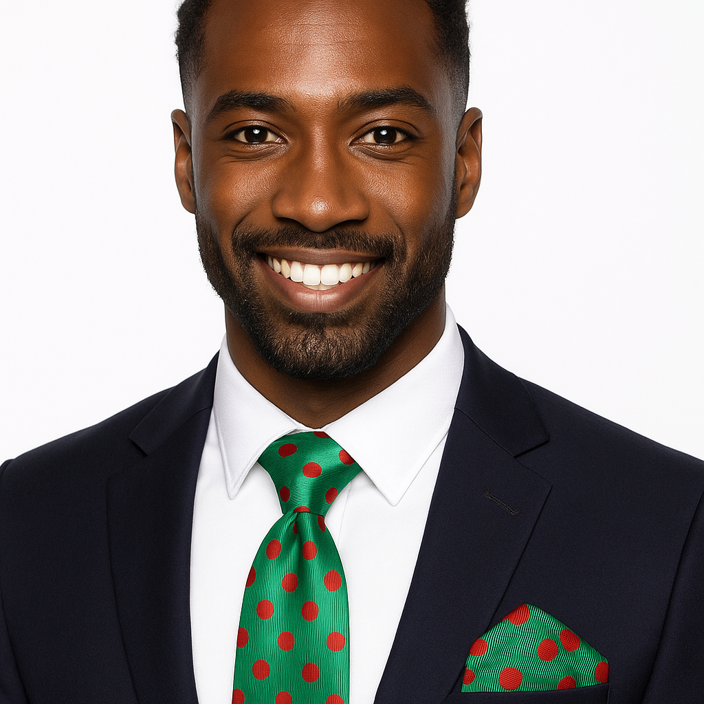 Man wearing a dark suit with a green tie and pocket square on a white background