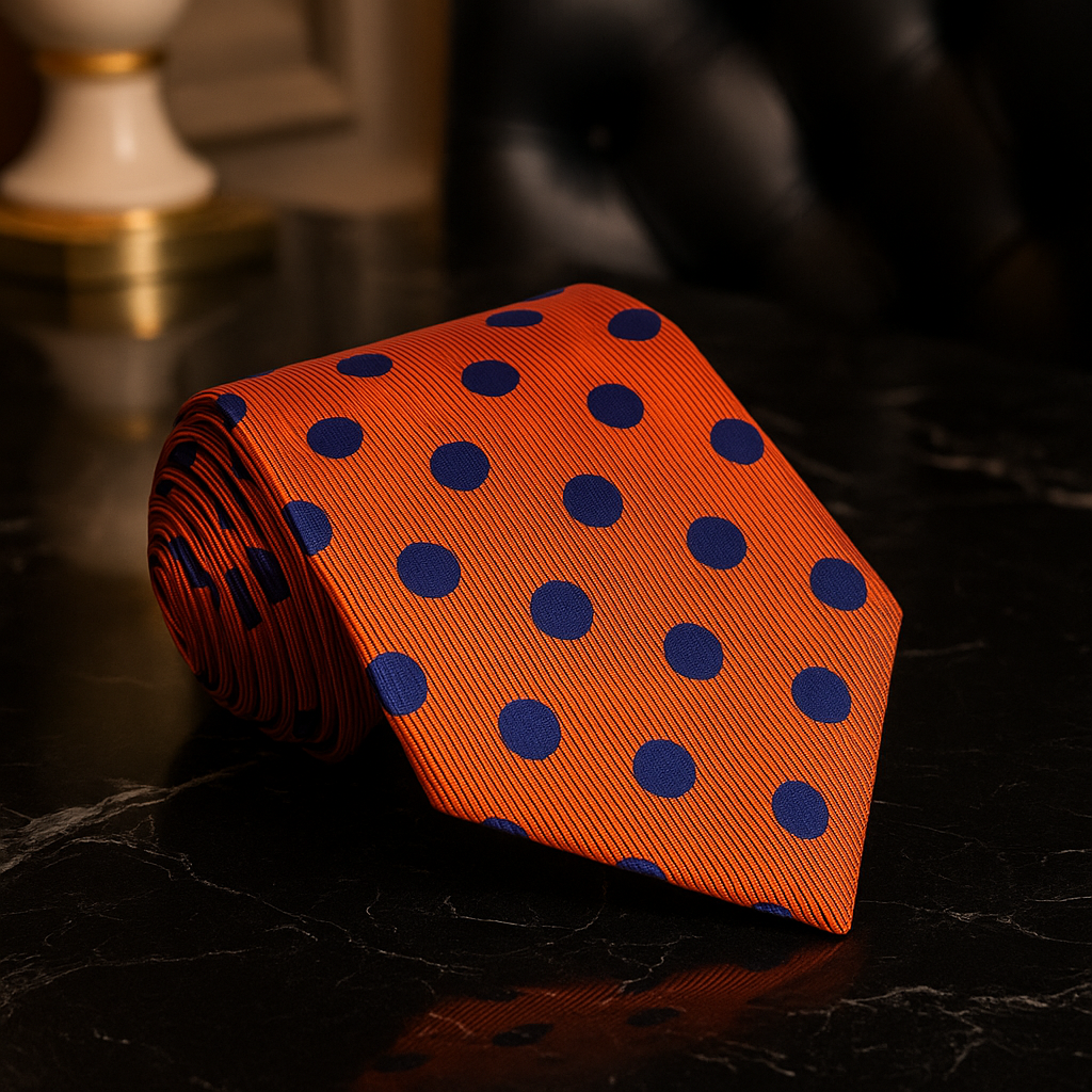 Orange tie with blue polka dots on a dark surface