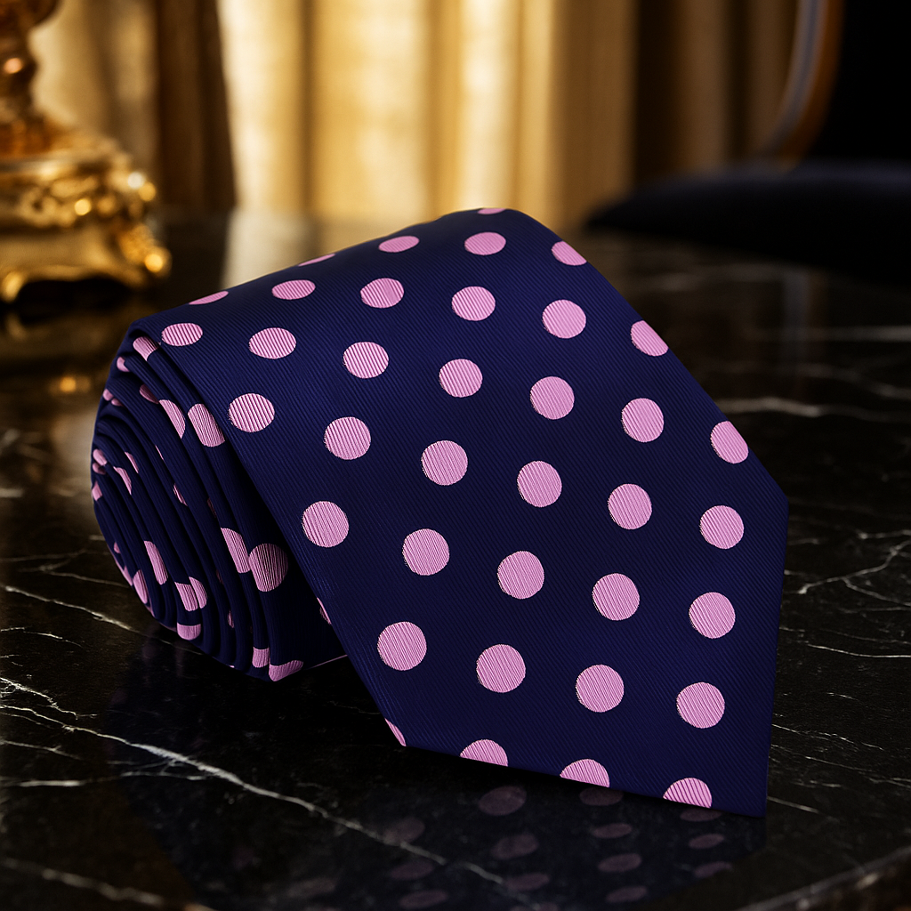 Navy blue tie with pink polka dots on a dark surface