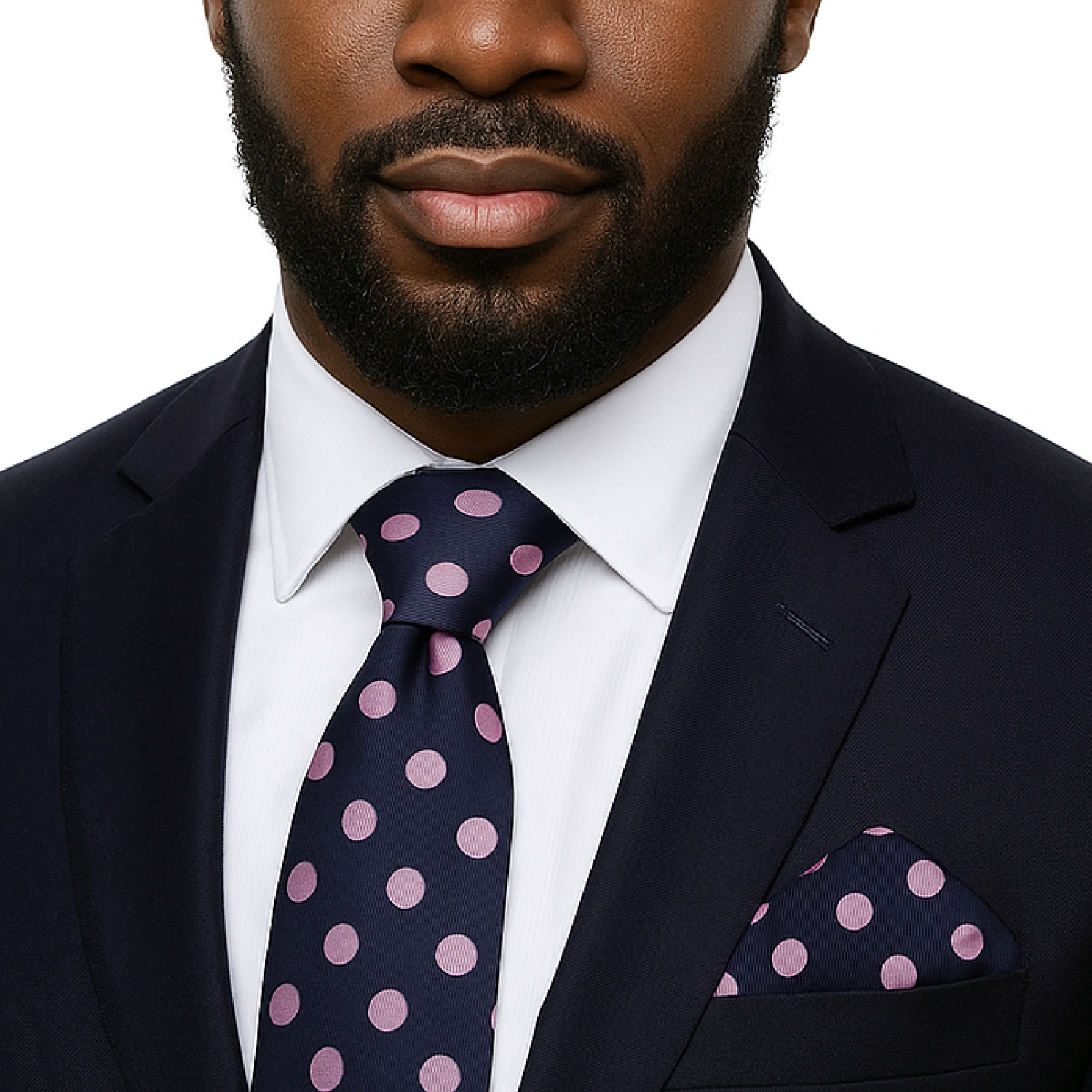 Man wearing Navy blue tie with pink polka dots and matching pocket square on a suit.