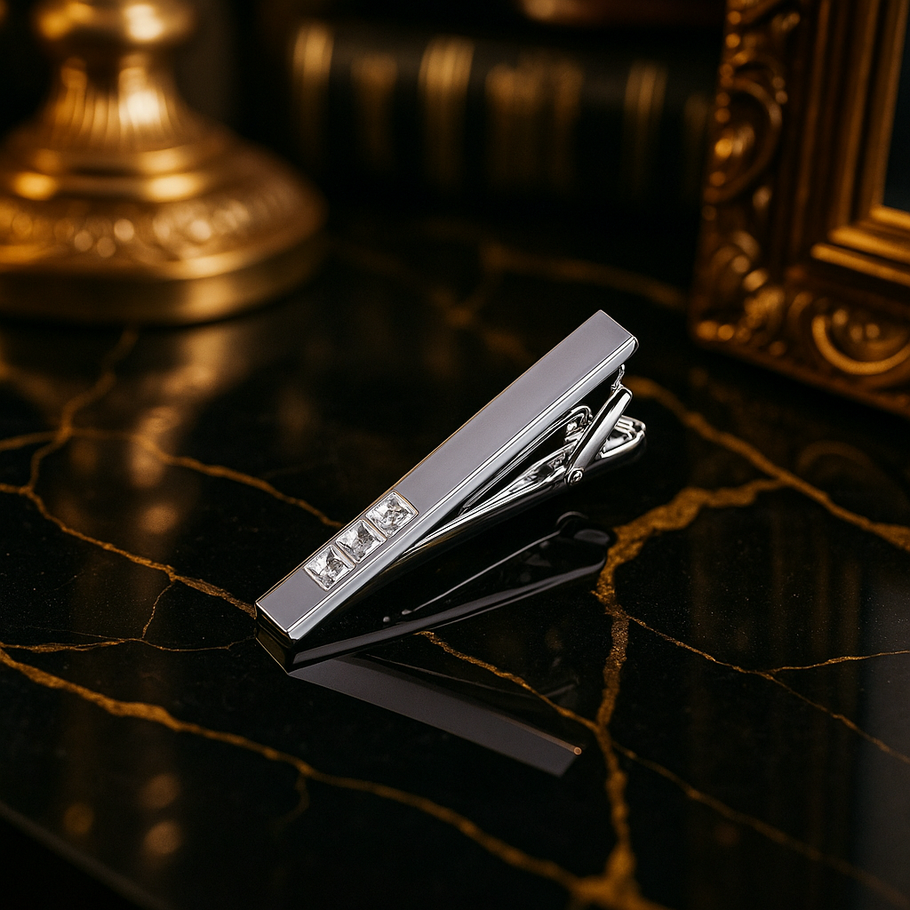 Silver tie clip with gemstones on a dark marble surface