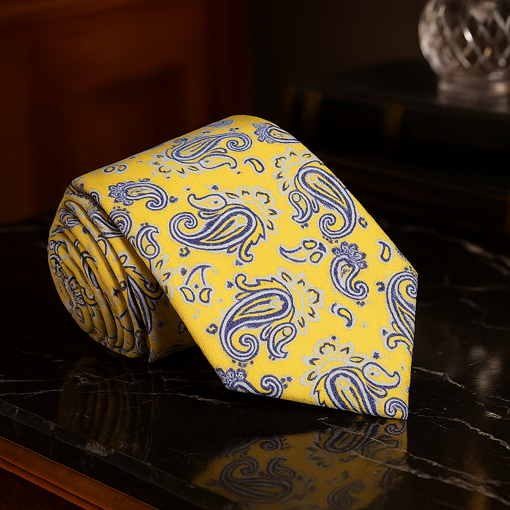 Yellow tie with blue paisley pattern on a dark surface