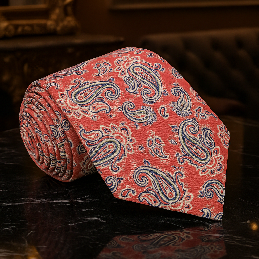 Red paisley patterned tie on a dark surface