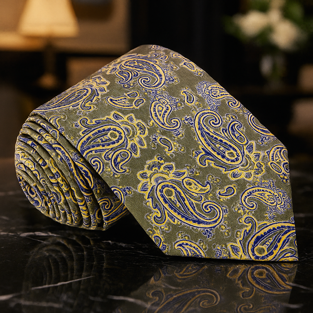 Roll of paisley patterned fabric with blue and yellow design on a reflective surface.