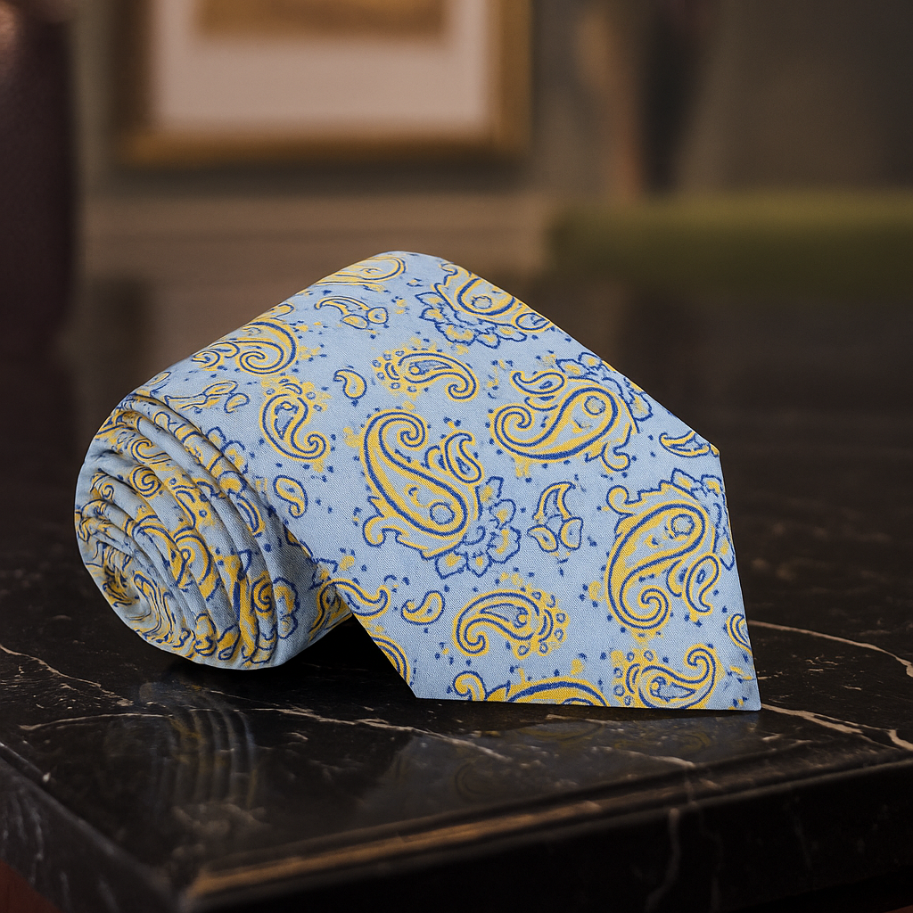 Blue and yellow paisley-patterned tie on a dark surface