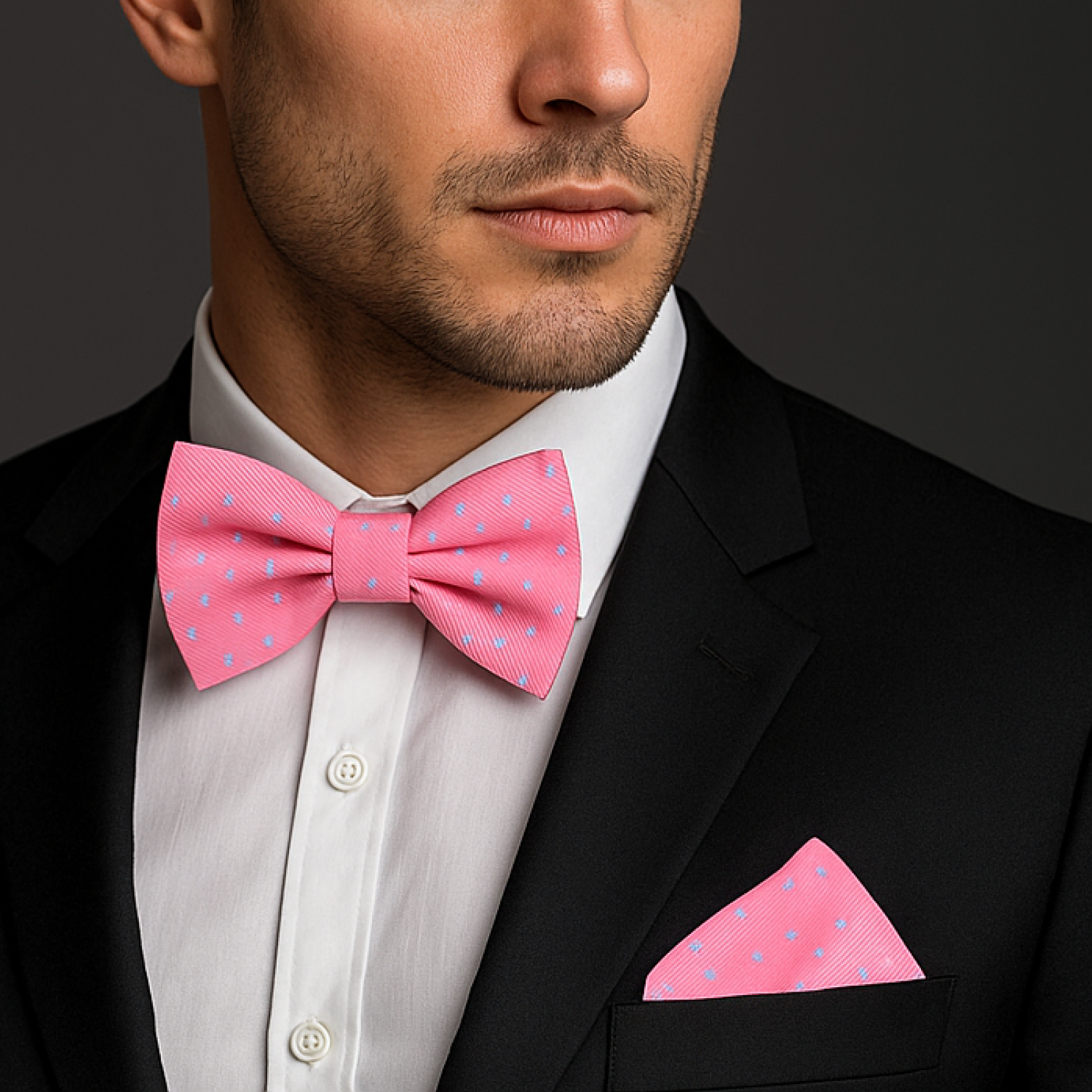 Man wearing a black suit with a pink bow tie and matching pocket square on a dark background