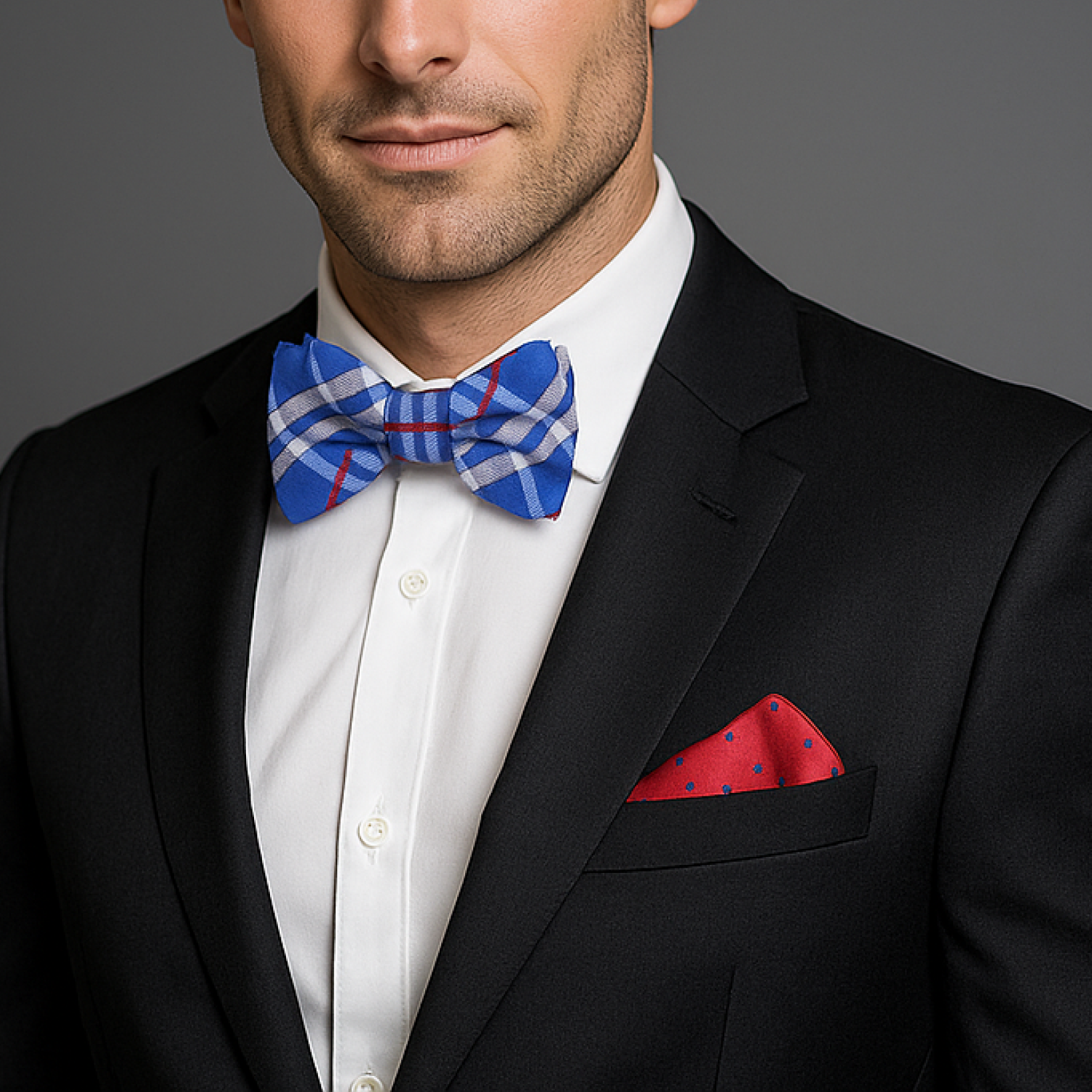 Man wearing a black suit with a blue plaid bow tie and red pocket square on a gray background