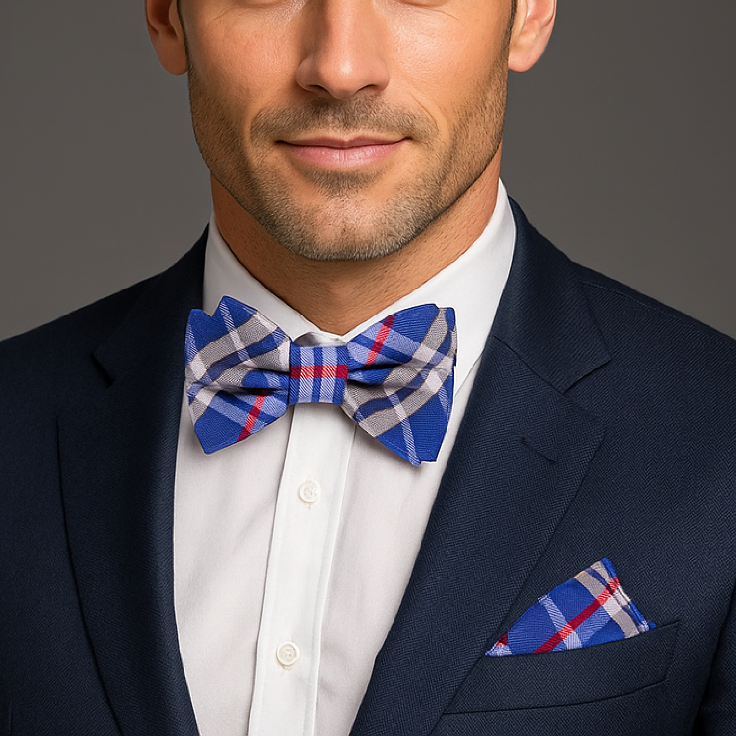 Man wearing a navy suit with a blue plaid bow tie and pocket square on a gray background