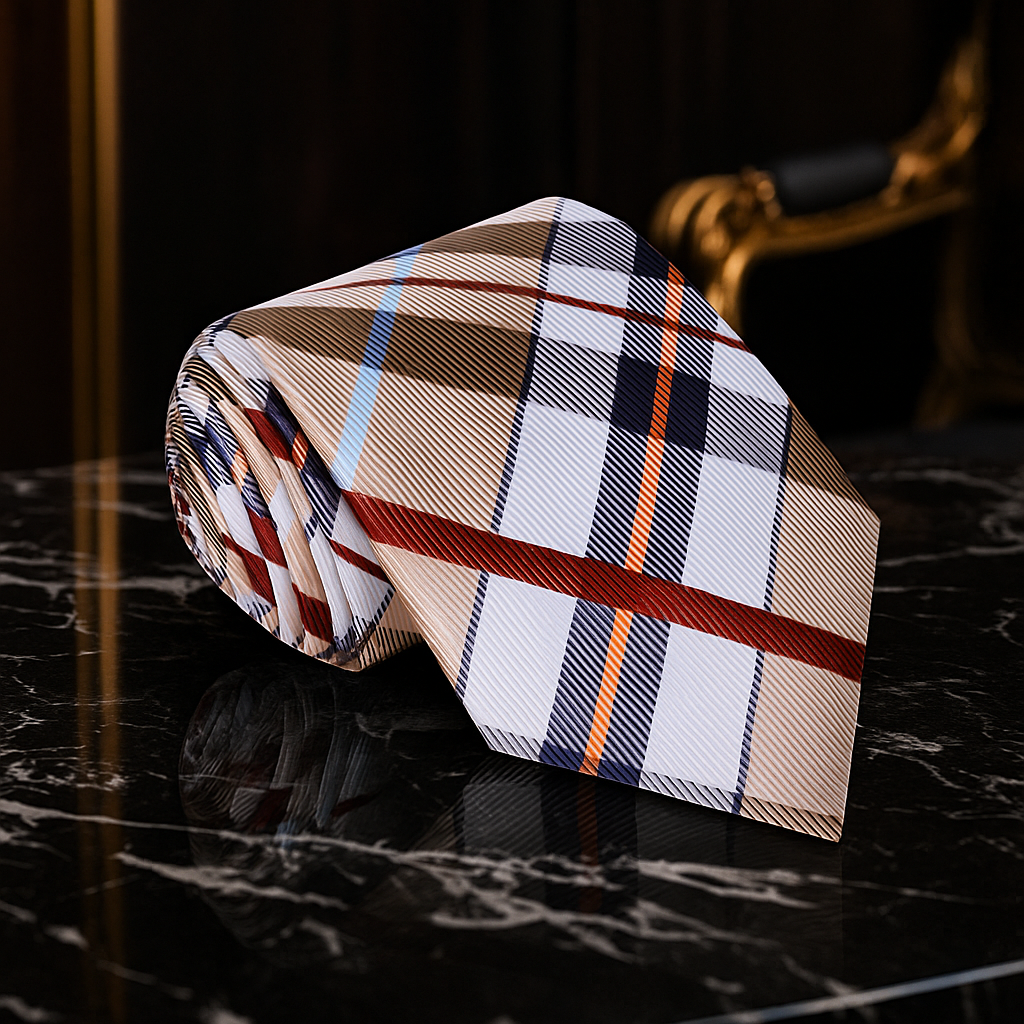 light brown, red, blue plaid tie  