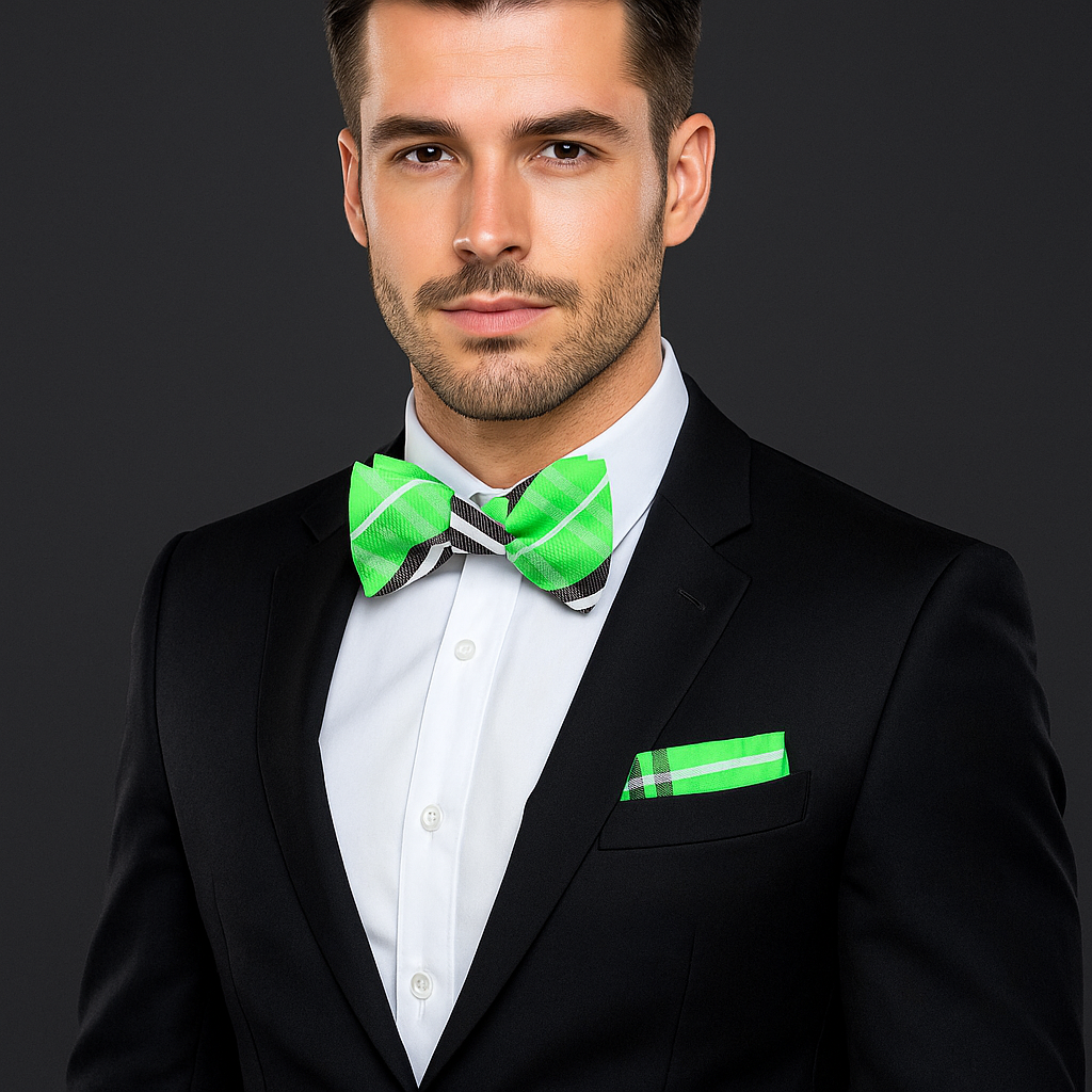 Man wearing a black suit with a green and black checkered bow tie and matching pocket square on a dark background