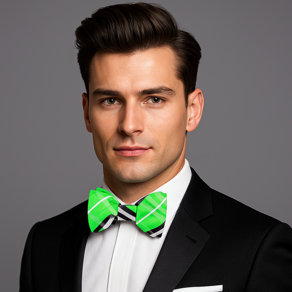 Man wearing a black suit with a white shirt and green striped bow tie on a gray background